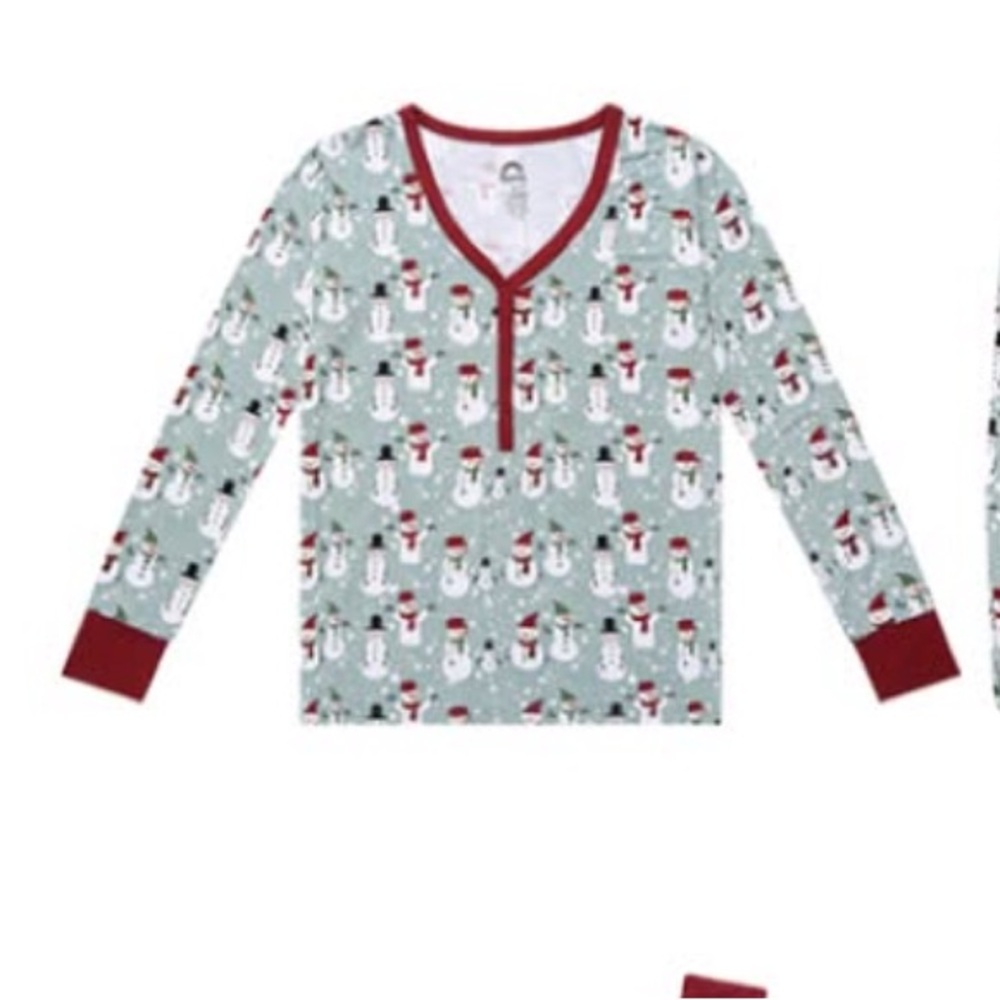 Emerson and Friends Mint Snowman Print Long Sleeve Pajama Top with Red Trim